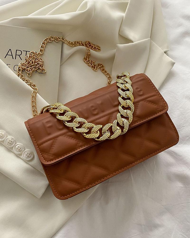 

Chain Decor Quilted Letter Pattern Shoulder Bag, Brown