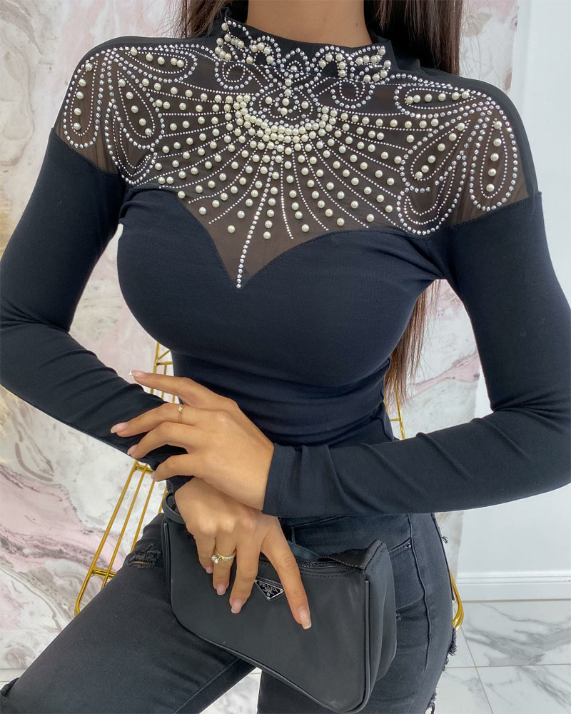 

Rhinestone Beaded Decor Contrast Mesh Top, Black