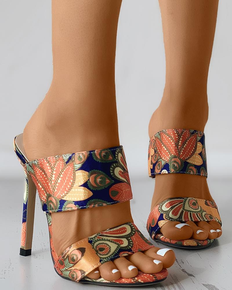 Double Band Peacock Feather Print Stiletto Heels