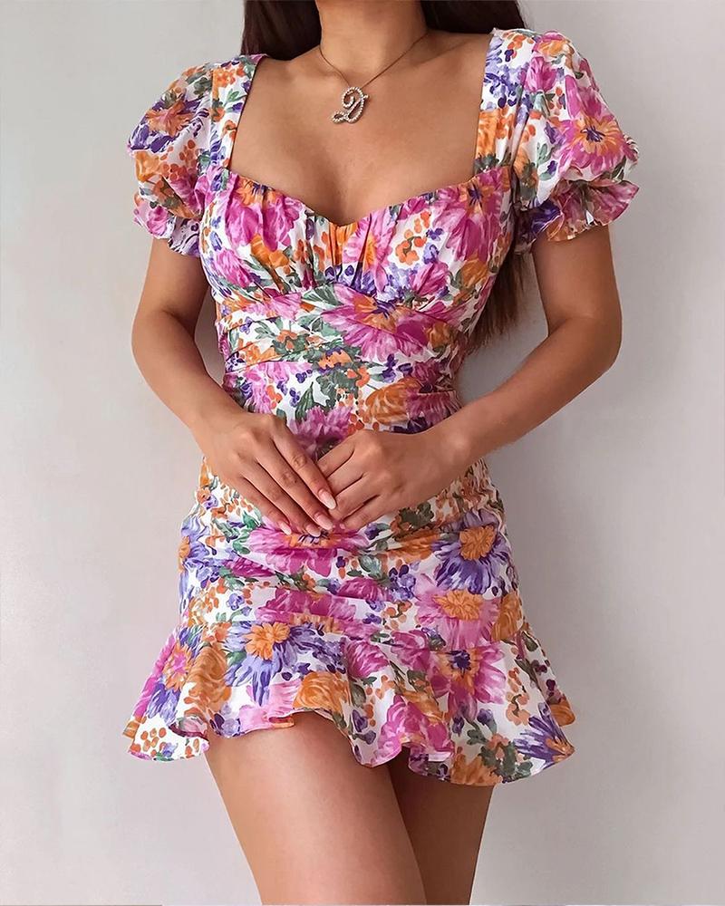 

Floral Print Ruffle Hem Ruched Mini Dress, Pink