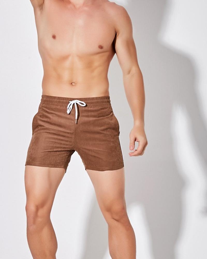 

Solid Color Side Striped Drawstring Short Pants, Brown