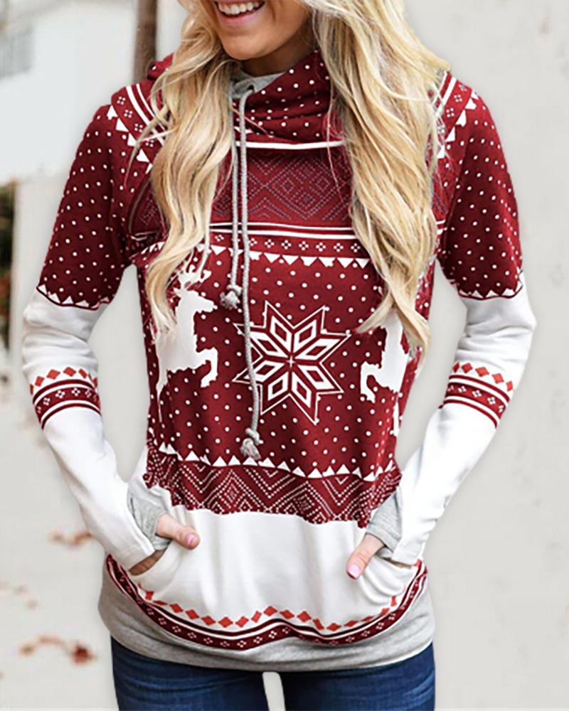 

Christmas Pocket Design Long Sleeve Hoodie, Wine red