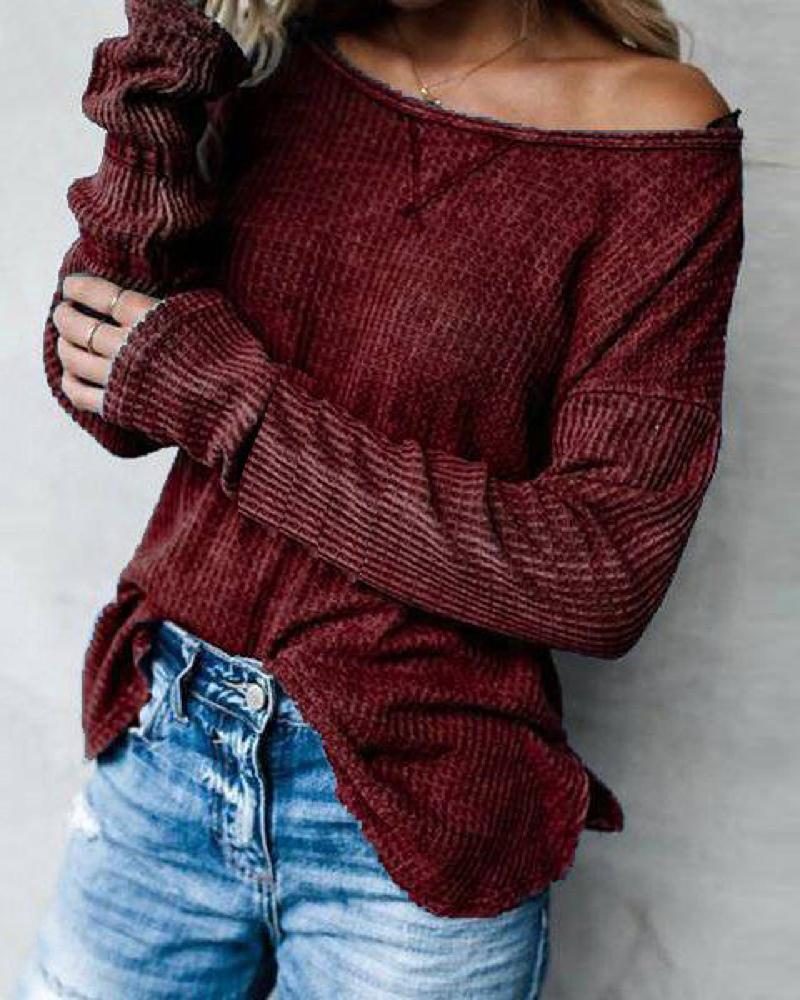 

Solid Off Shoulder Waffle Plaid Long Sleeve Blouse, Wine red
