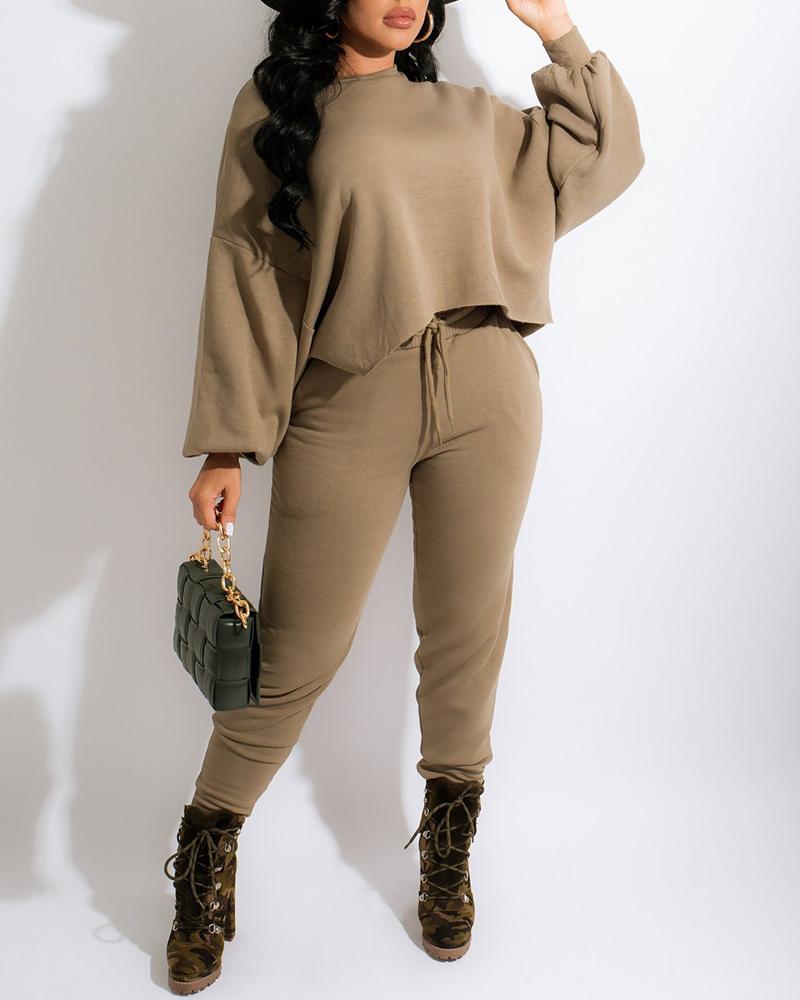 

Lantern Sleeve Top & Drawstring Pocket Design Pants Set, Light brown