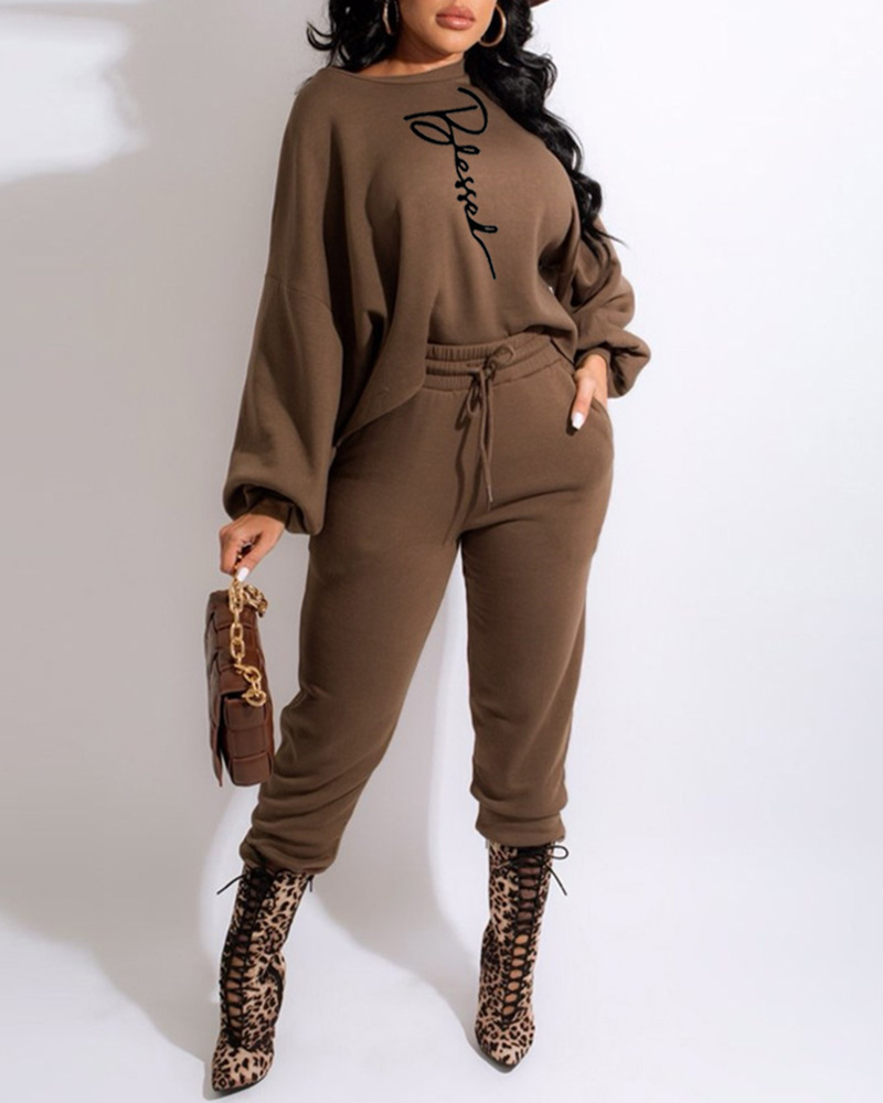 

Letter Pattern Lantern Sleeve Sweatshirt & Pocket Design Pants Set, Brown