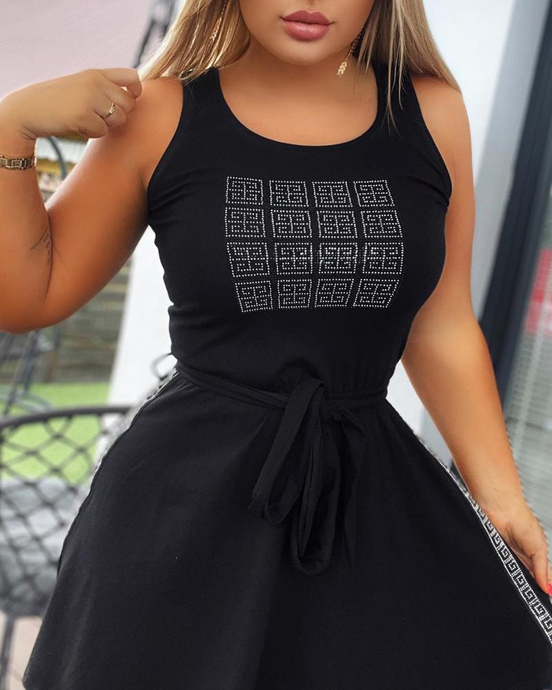 

Geometric Pattern Rhinestone Tank Dress, Black