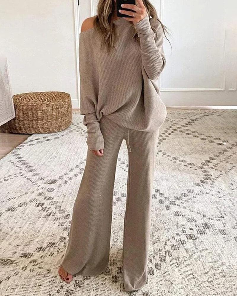 

Long Sleeve Casual Top & Drawstring Pants Set, Apricot