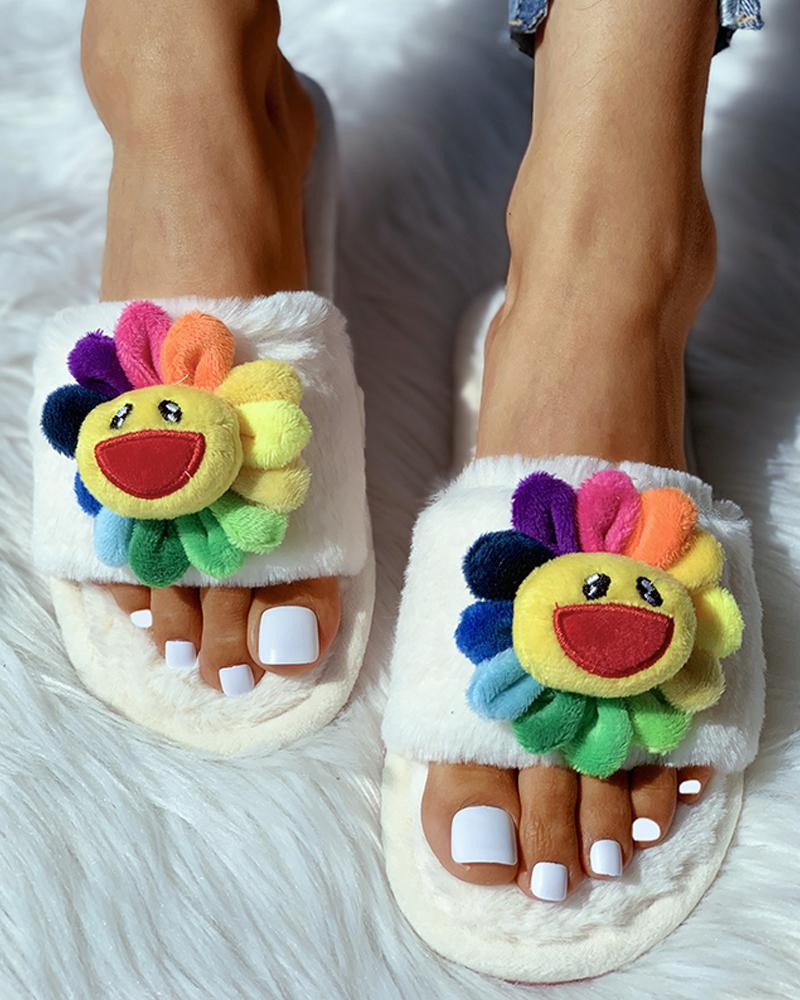 

Sunflower Pattern Fluffy Open Toe Flat Slipper, White