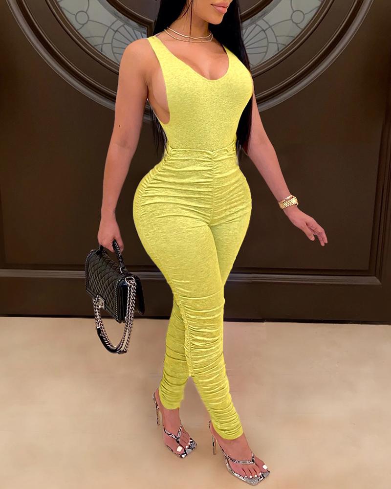 

Ruched Backless Fitted Jumpsuit, Yellow