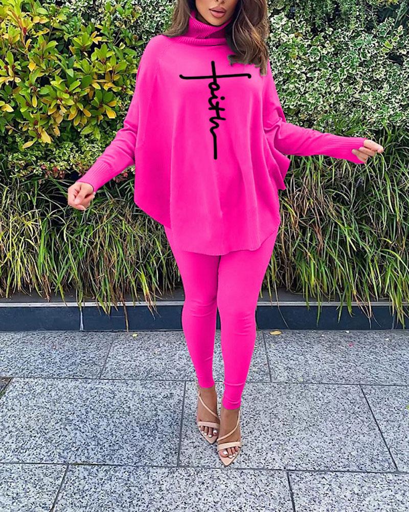 

Letter Print Batwing Sleeve Top & Pants Set, Hot pink