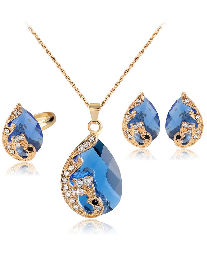 

3pcs Gem Stone Rhinestone Pendant Necklace & Earrings & Ring Jewelry Set, Blue