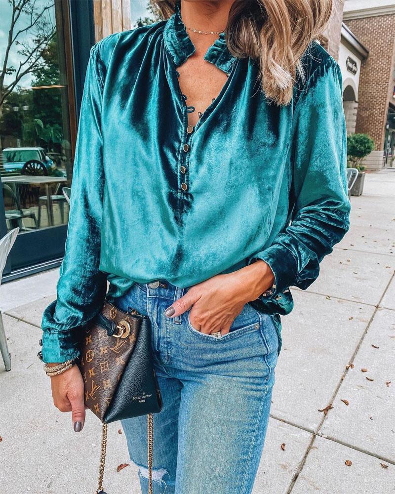 

Long Sleeve Button Front Velvet Top, Blue