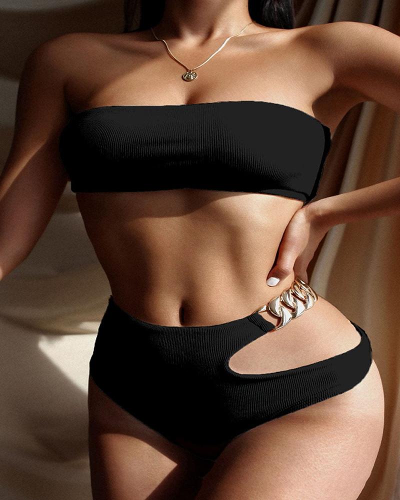 

Chain Decor Cutout Bandeau Bikini Set, Black