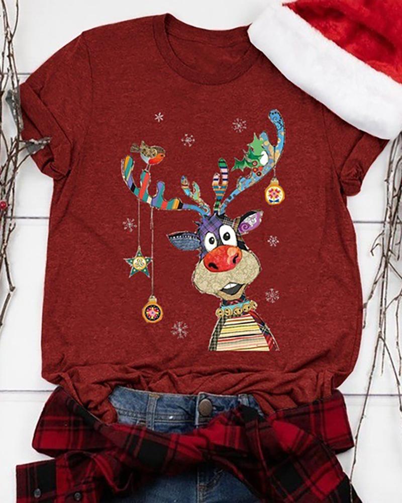 

Christmas Moose Print Casual T-shirt, Red