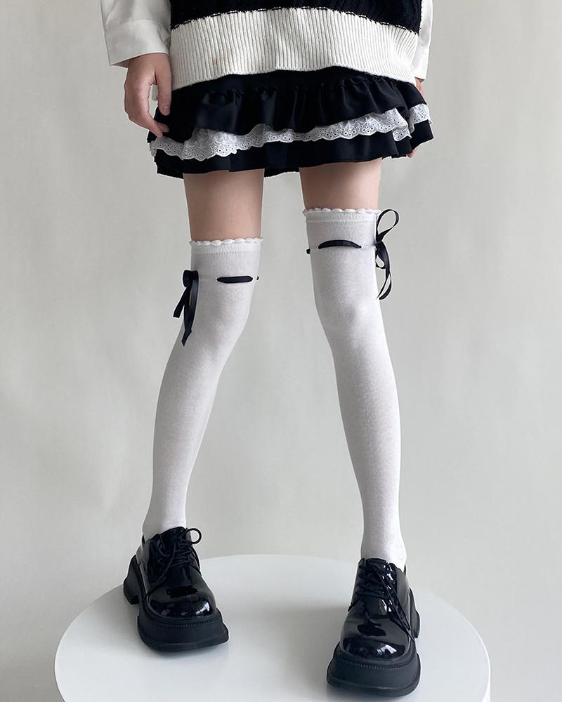 

1Pair Tied Detail Frill Hem Over-The-Knee Socks, Style2