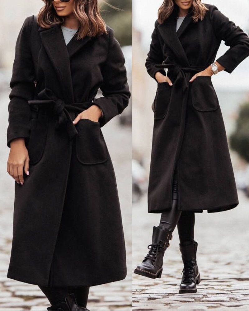 

Long Sleeve Pocket Detail Belted Overcoat, Black