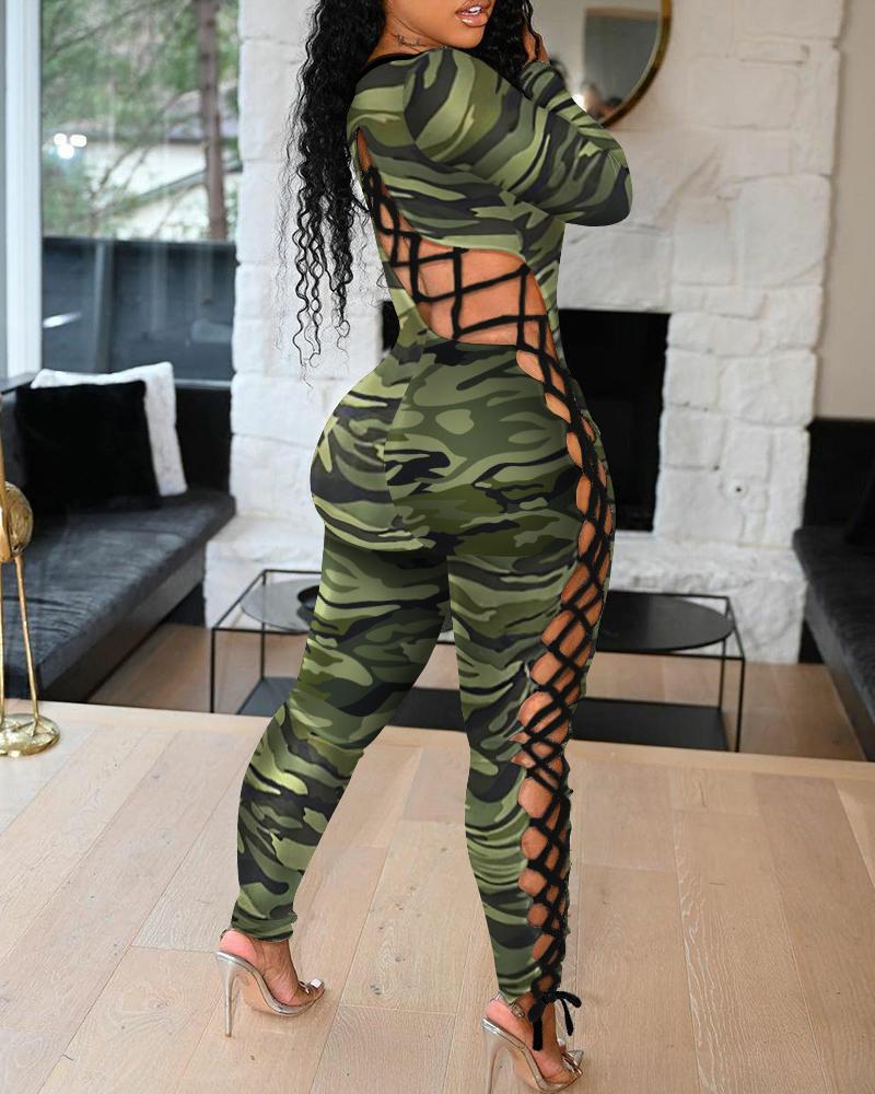 

Camouflage Lace Up Side Long Sleeve Jumpsuit, Camoflage