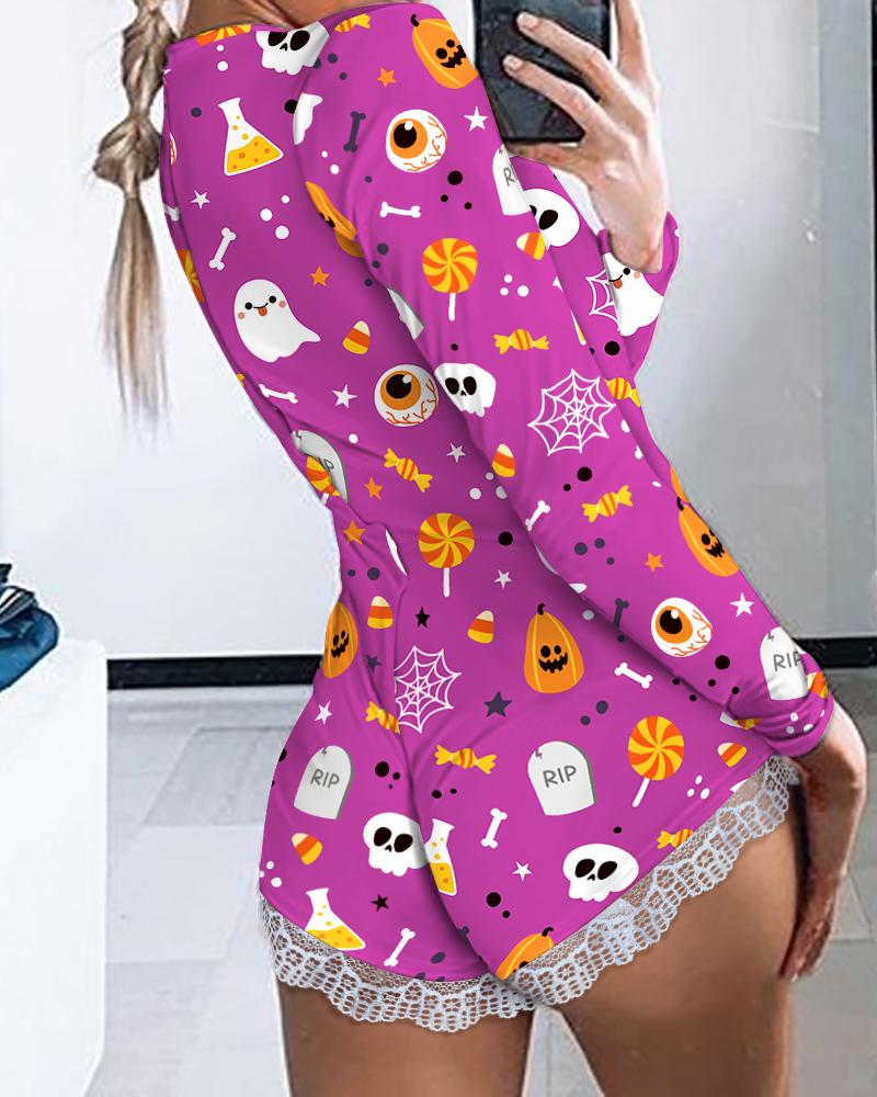 

Halloween Graphic Print Contrast Lace Long Sleeve Romper, Multicolor