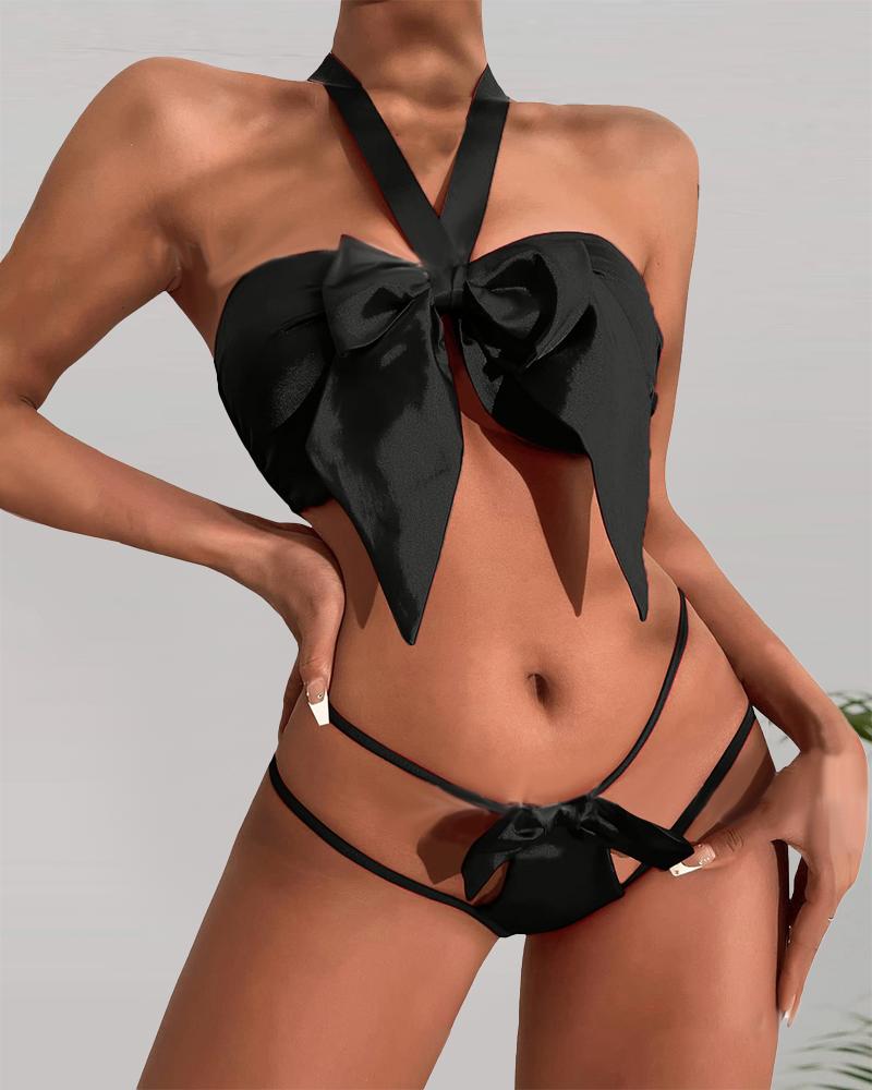 

Bowknot Decor Halter Lingerie Set, Black