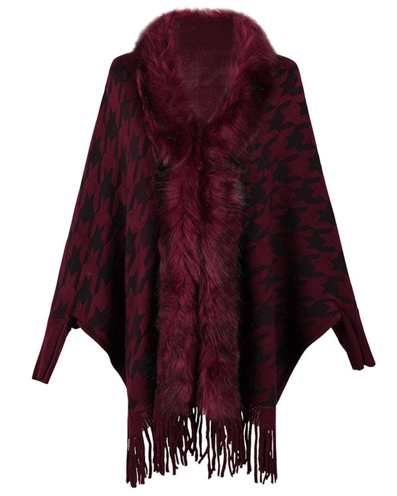 

Houndstooth Print Fringe Hem Faux Fur Patch Poncho Knit Cardigan, Wine red