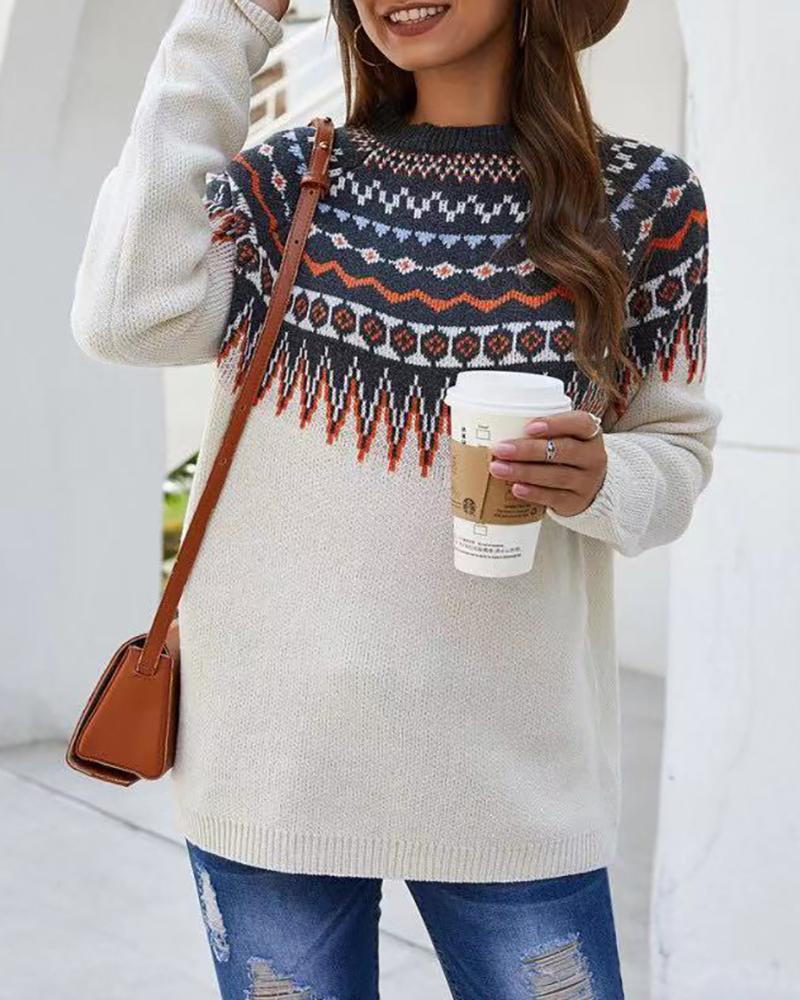 

Abstract Colorblock Long Sleeve Sweater, White