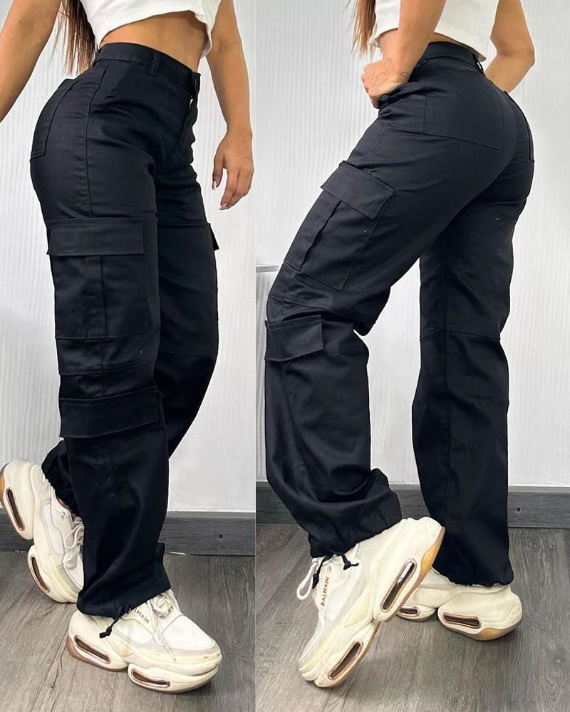 

Pocket Design Button Front Cargo Pants Casual High Waisted Cuffed Pants, Black