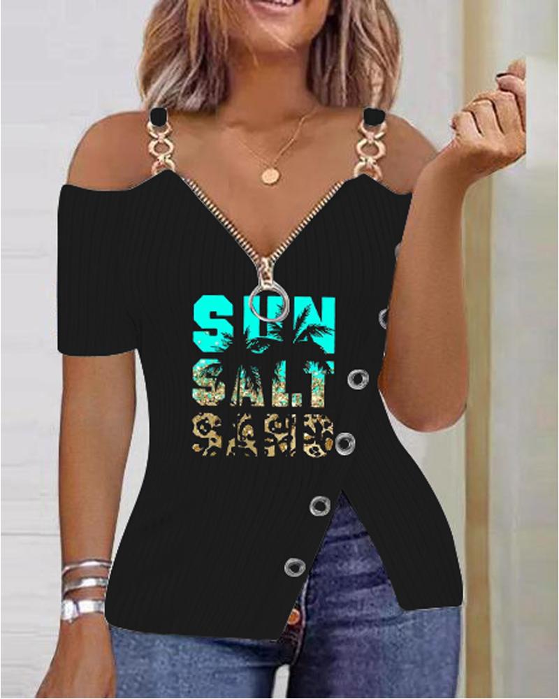 Sun Salt Sand Letter Coconut Tree Print Cold Shoulder Top