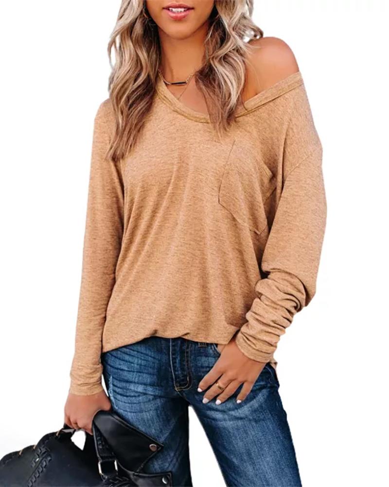 

V-Neck Pocket Design Long Sleeve Top, Khaki