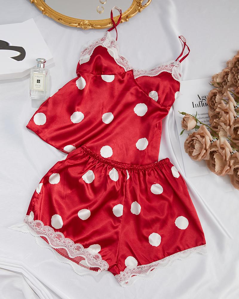 

Polka Dot Print Crochet Lace Trim Cami Set, Wine red