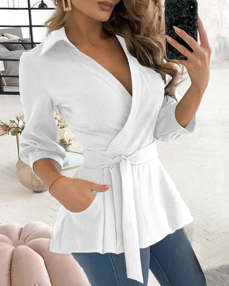 

Turn-down Collar Long Sleeve Tied Detail Shirt, White