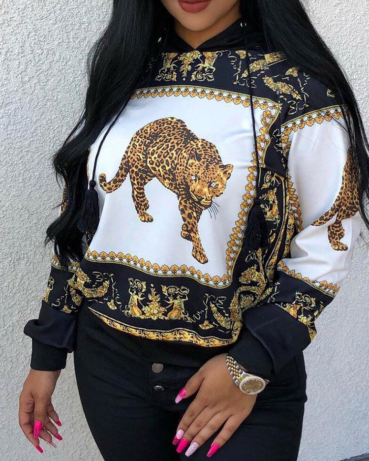 

Tiger Print Long Sleeve Casual Hoodies, Black