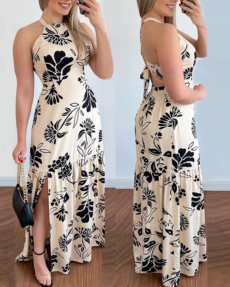 

Floral Print Slit Tied Detail Maxi Dress, Apricot