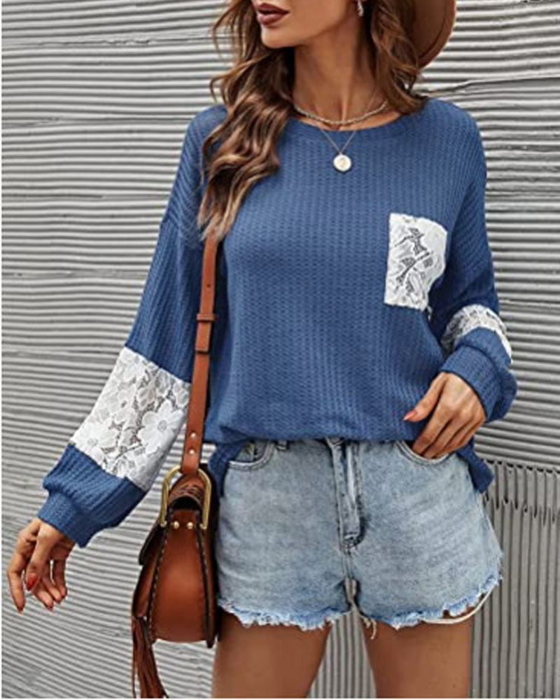 

Contrast Lace Long Sleeve Knit Top, Blue