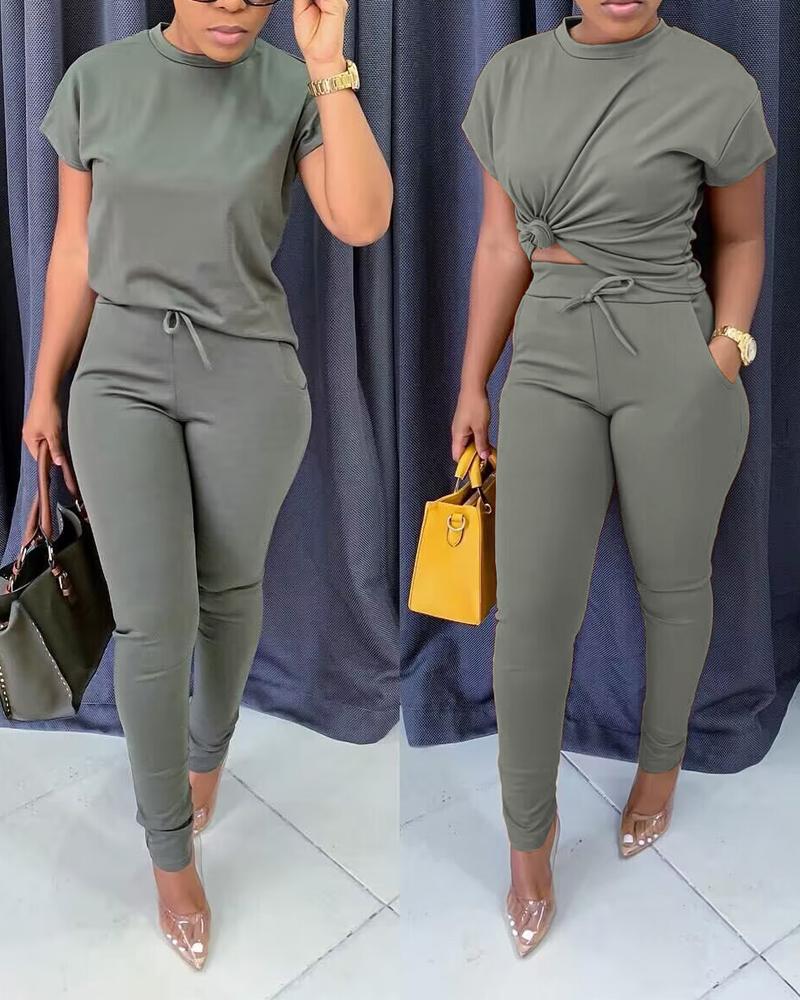 

Short Sleeve Top & Drawstring Pocket Design Pants Set, Green