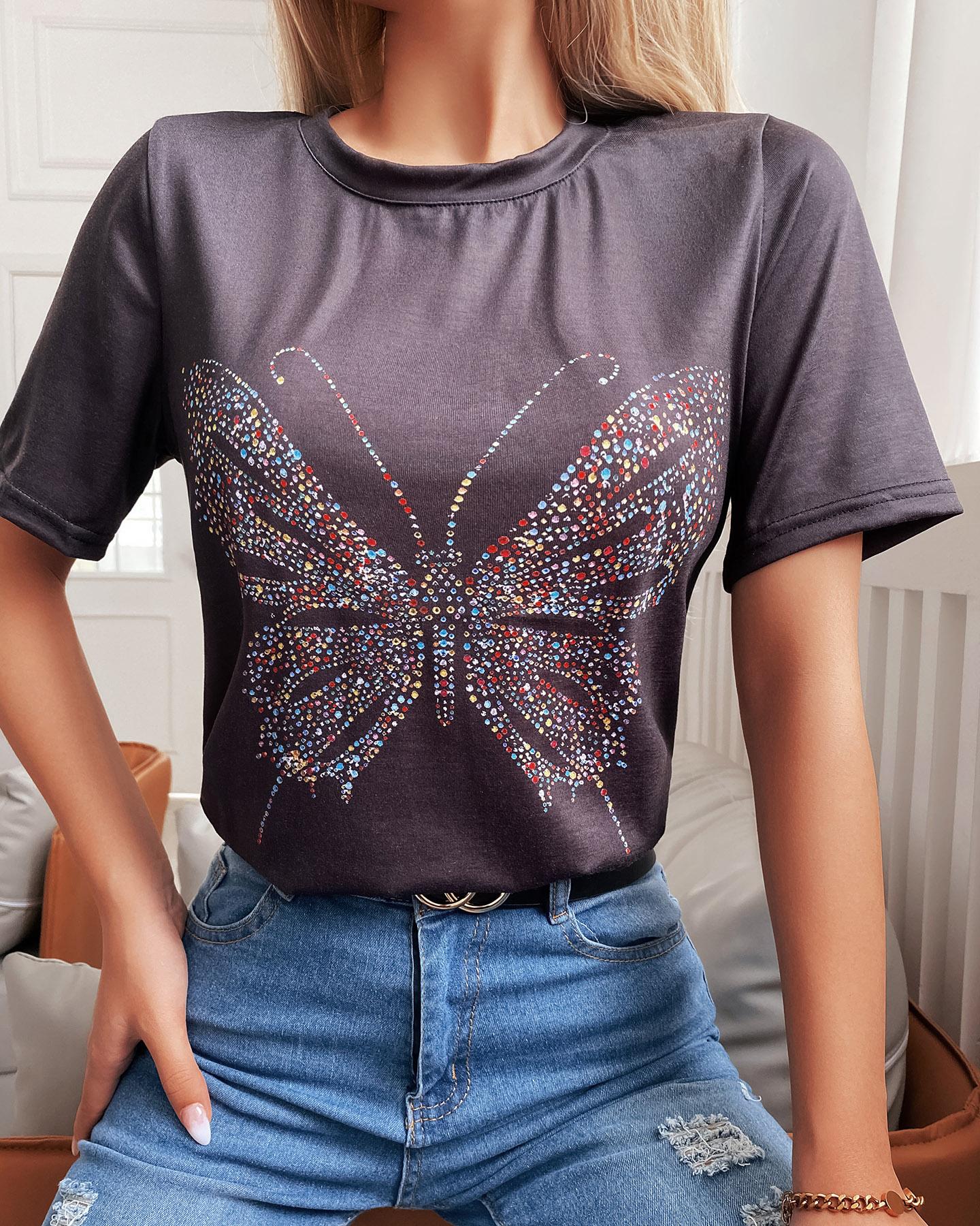 

Butterfly Pattern Print Round Neck Tops Cotton Basic T-shirt, Black