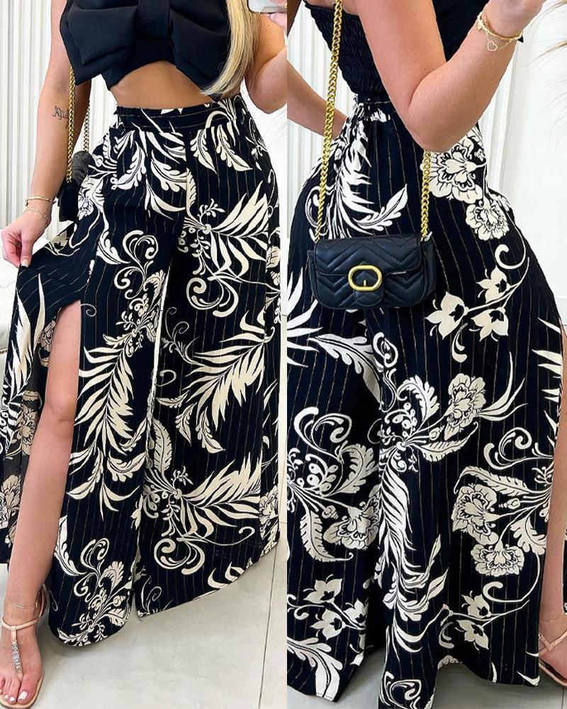 

Baroque Tropical Print Split Thigh Wide Leg Pants, Black