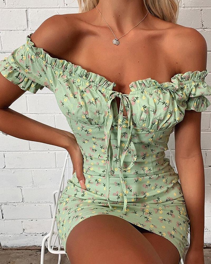 

Off Shoulder Frill Hrm Ditsy Floral Print Dress, Green