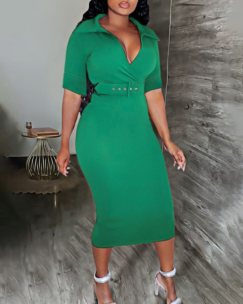 

Overlap Belted Half Sleeve Midi Dress, Green