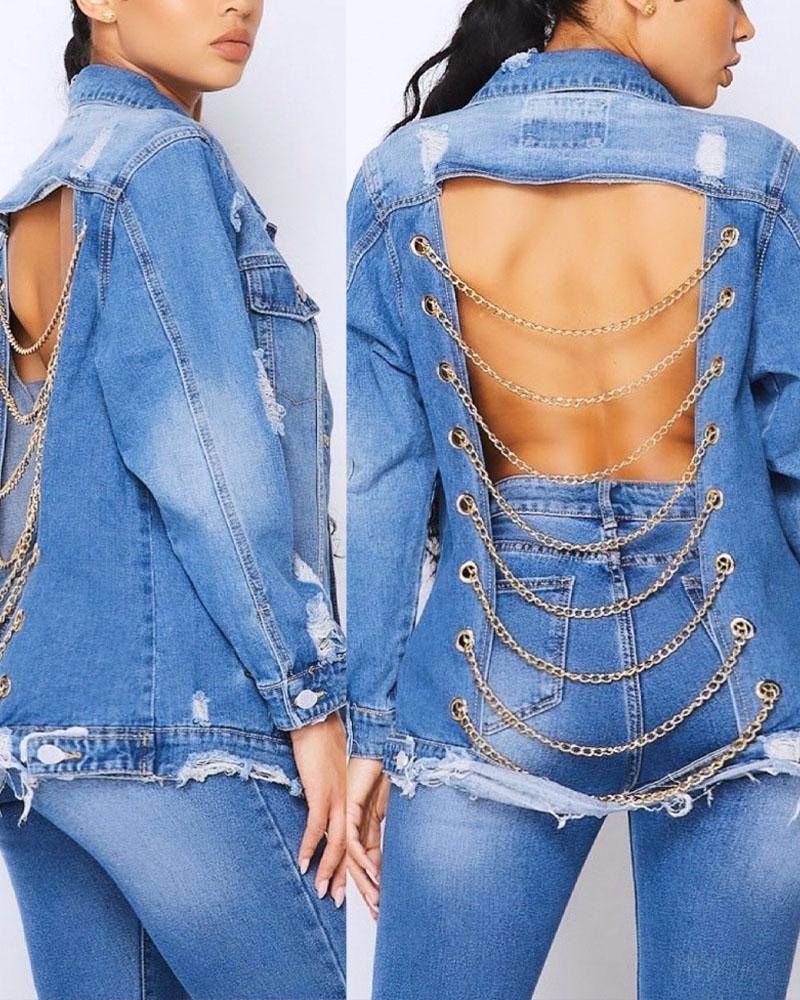 

Grommet Eyelet Chain Decor Backless Ripped Denim Coat, Blue