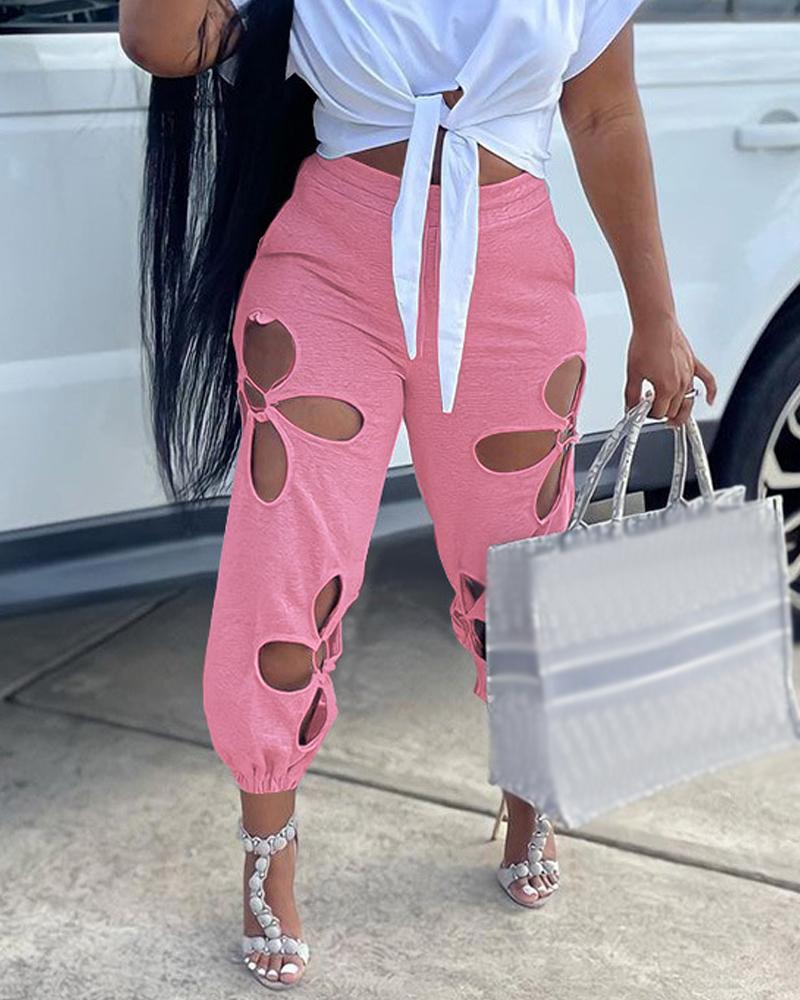 

Cutout Design Drawstring Cuffed Pants, Pink