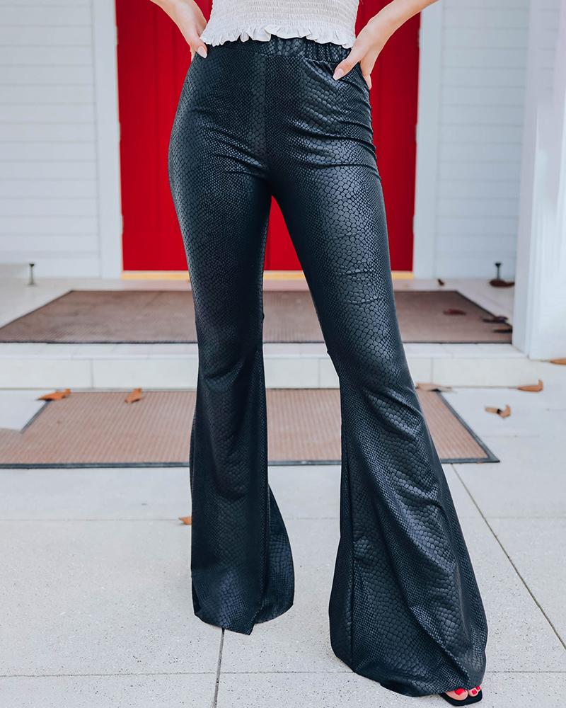 

PU Leather Snakeskin Pattern Bootcut Pants, Black