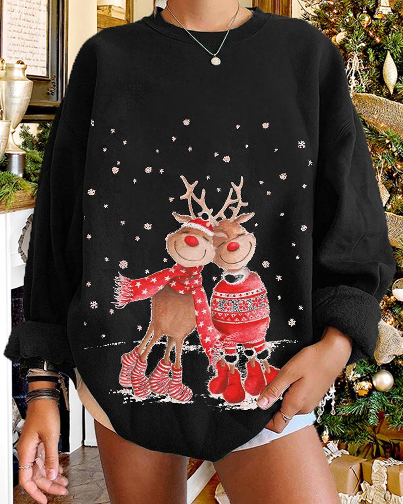 

Christmas Reindeer Snowflake Print Sweatshirt, Black