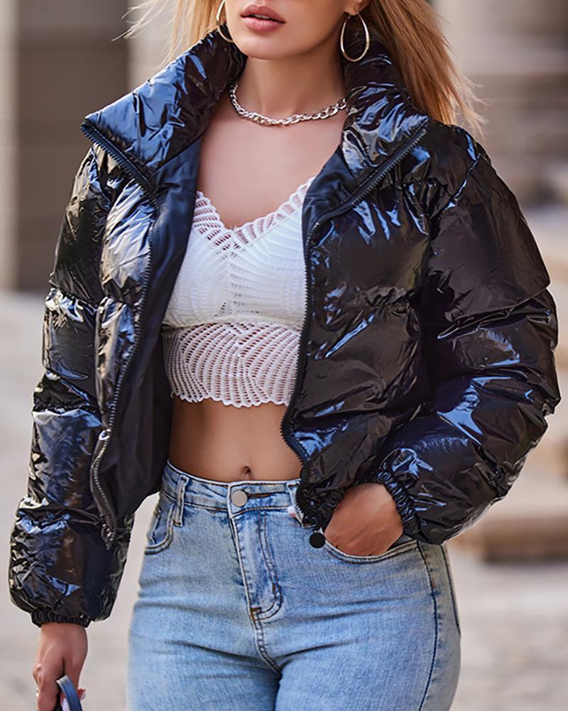 

Zipper Design Long Sleeve High Neck Gilet Puffer Jacket, Black