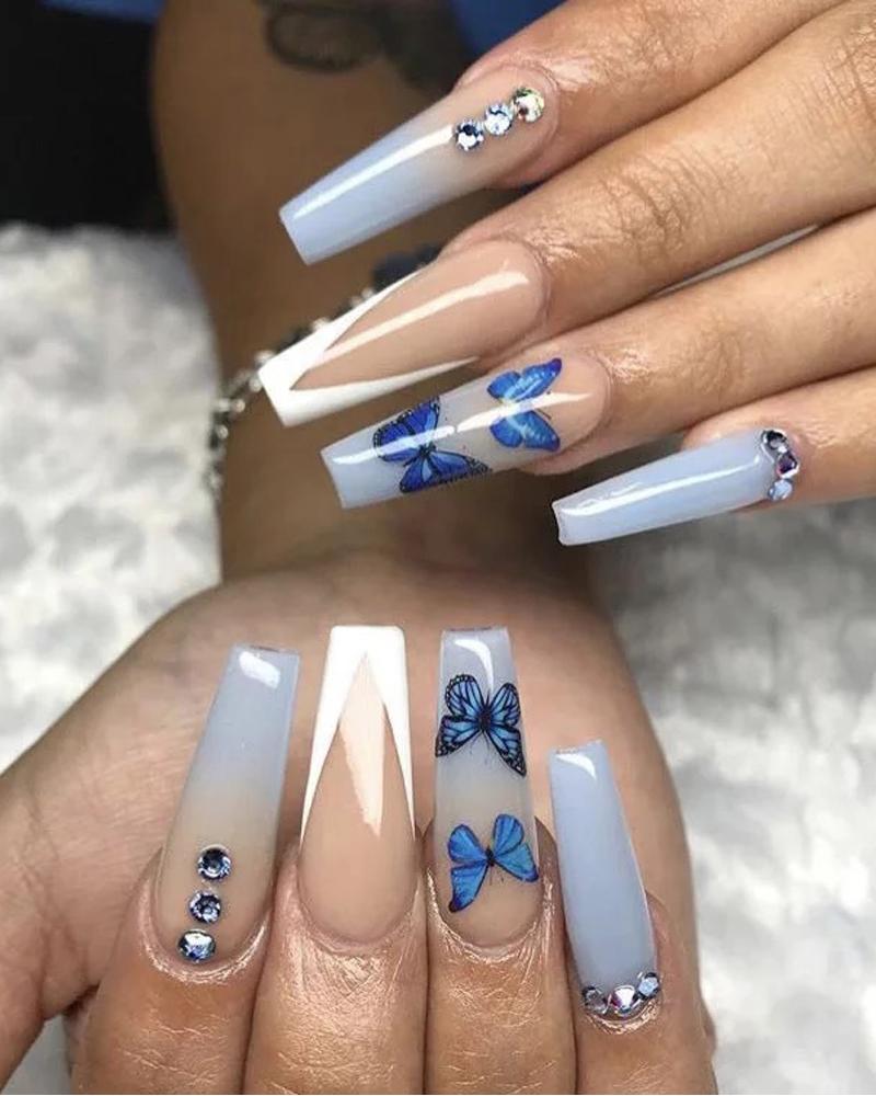 

24PCS Luxury Press On Nails Butterfly Rhinestone Extra Long Coffin Fake Nails Full Cover False Nail Set, Blue