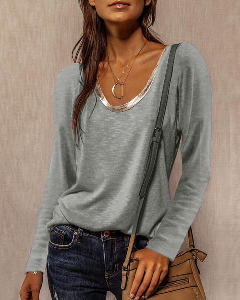 

Contrast Binding Long Sleeve Top, Gray