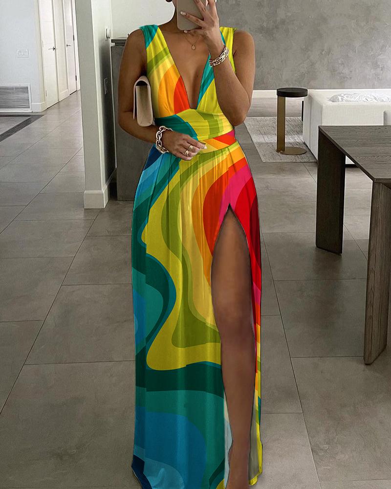 

Abstract Print Deep V-Neck High Slit Maxi Dress, Multicolor