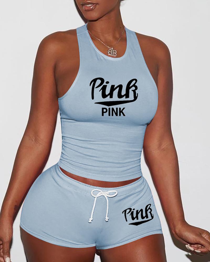 

Letter Print Tank Top & Drawstring Shorts Set, Lighted blue