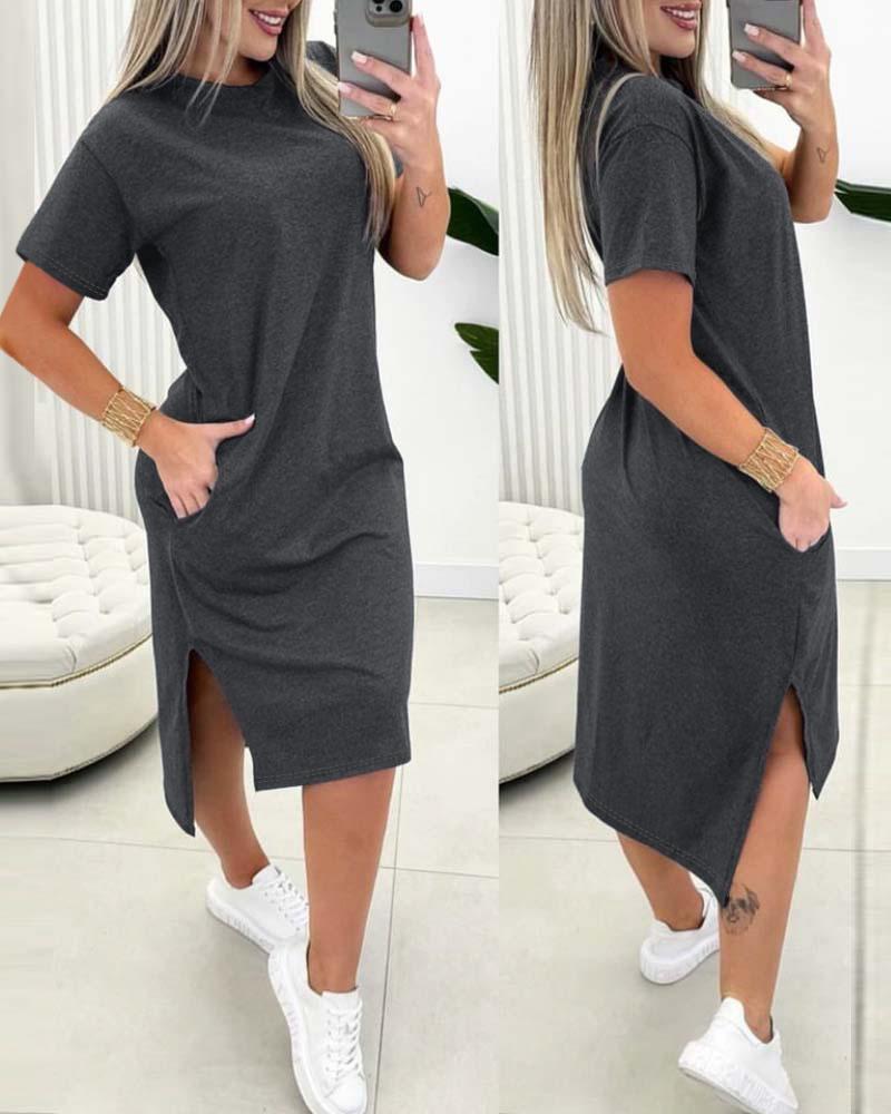 

Side Slit Pocket Design Asymmetrical Casual Dress, Dark grey