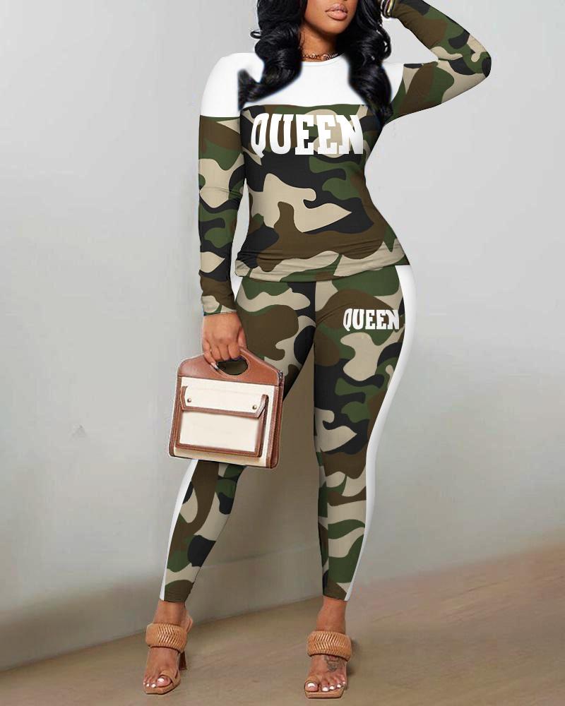 Queen Camo Print Long Sleeve Top & Pants Set