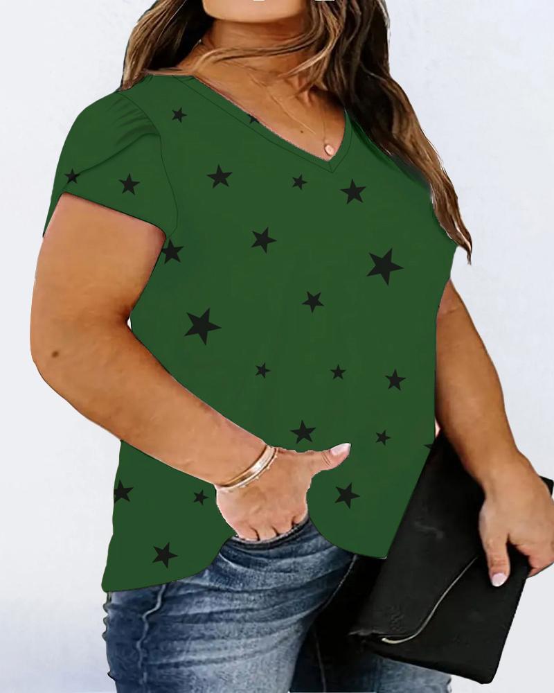 

Plus Size Star Print Petal Sleeve V-Neck T-Shirt, Green